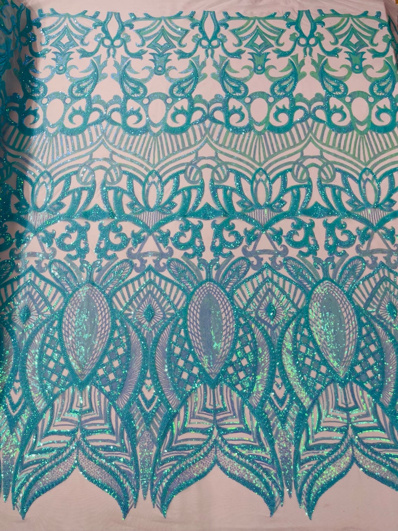 Royalty Damask Iridescent Sequin Stretch Mesh Fabric / Sold by the Yard