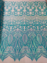 Royalty Damask Iridescent Sequin Stretch Mesh Fabric / Sold by the Yard