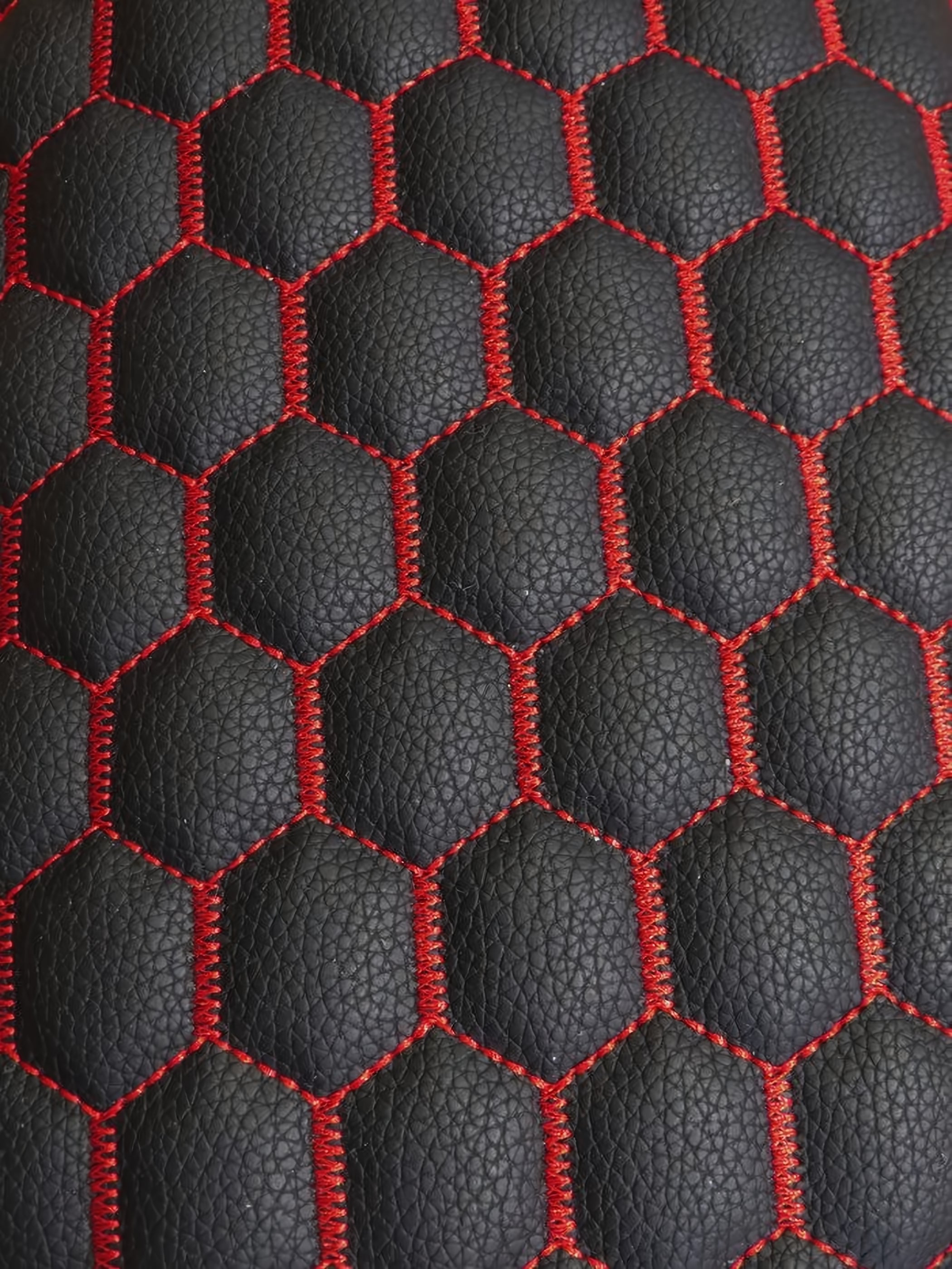 Hex Honeycomb Quilt Automotive Vinyl Foam Fabric / Black with Red Thread