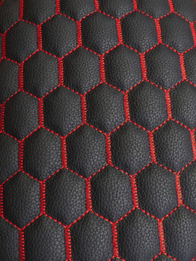 Hex Honeycomb Quilt Automotive Vinyl Foam Fabric / Black with Red Thread