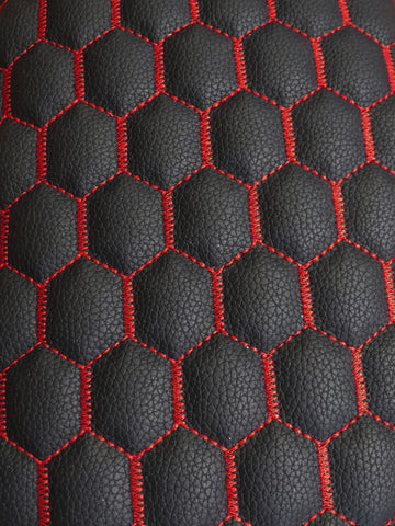 Hex Honeycomb Quilt Automotive Vinyl Foam Fabric / Black with Red Thread