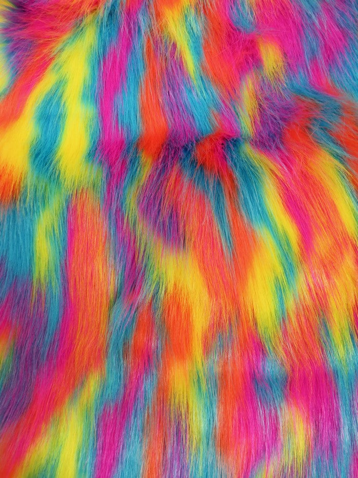 Turquoise, Orange, Fuchsia Sunset Multi-Color Faux Fur Fabric /  Sold by the Yard