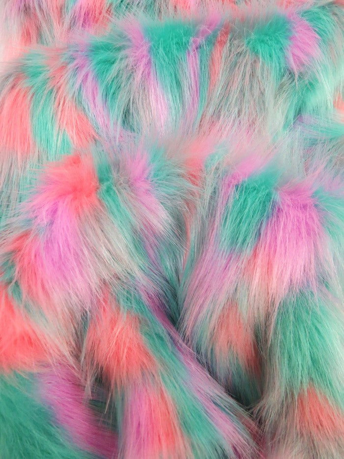 Mint, Gray, Lavender, Coral Sunset Multi-Color Faux Fur Fabric /  Sold by the Yard