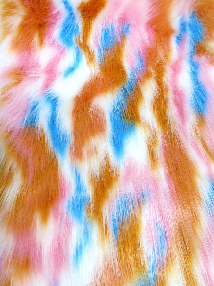 Chestnut, Pink, Turquoise Sunset Multi-Color Faux Fur Fabric /  Sold by the Yard