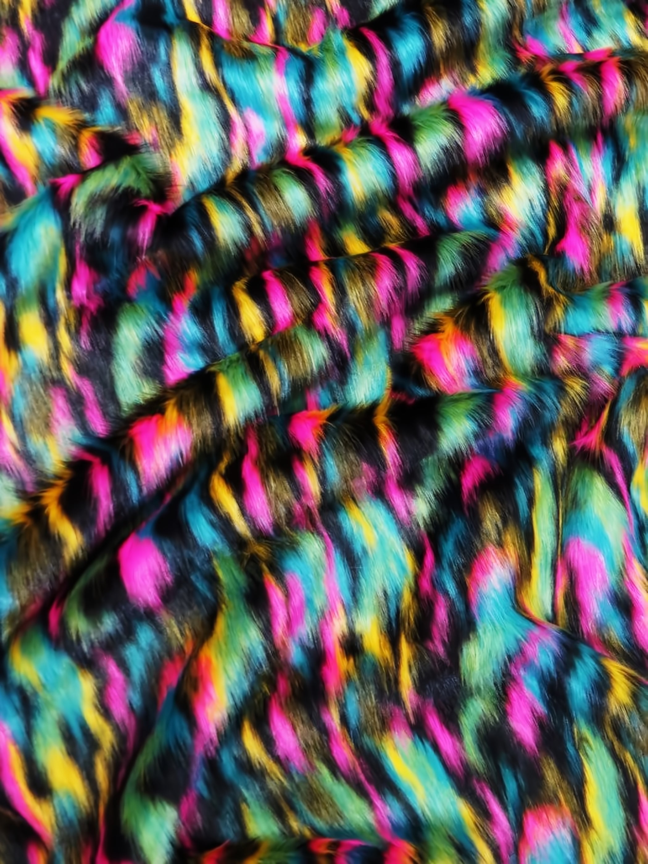 30 Yard Roll of Yellow, Teal, Fuchsia Sunset Multi-Color Faux Fur Fabric