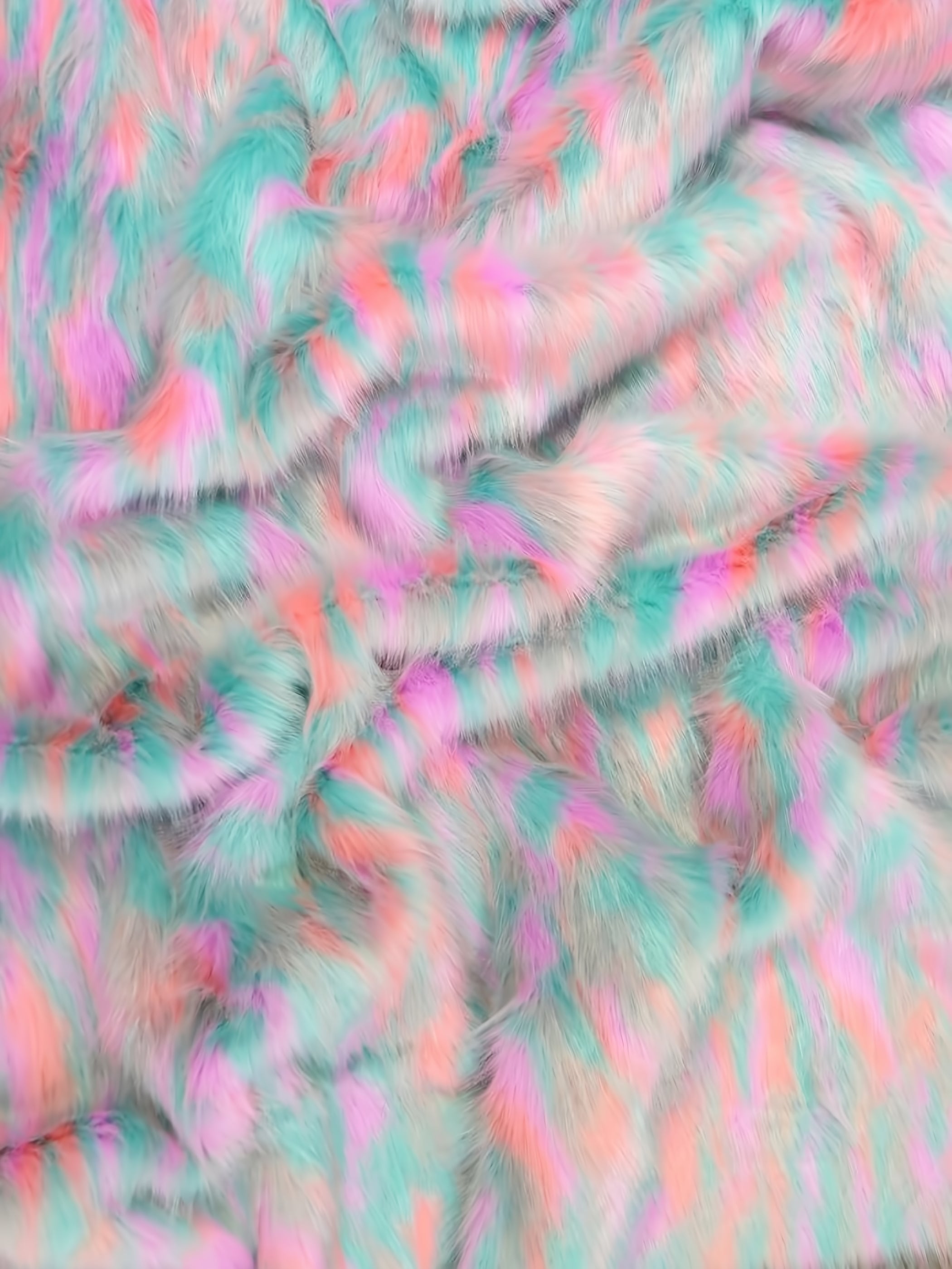 Mint, Gray, Lavender, Coral Sunset Multi-Color Faux Fur Fabric /  Sold by the Yard