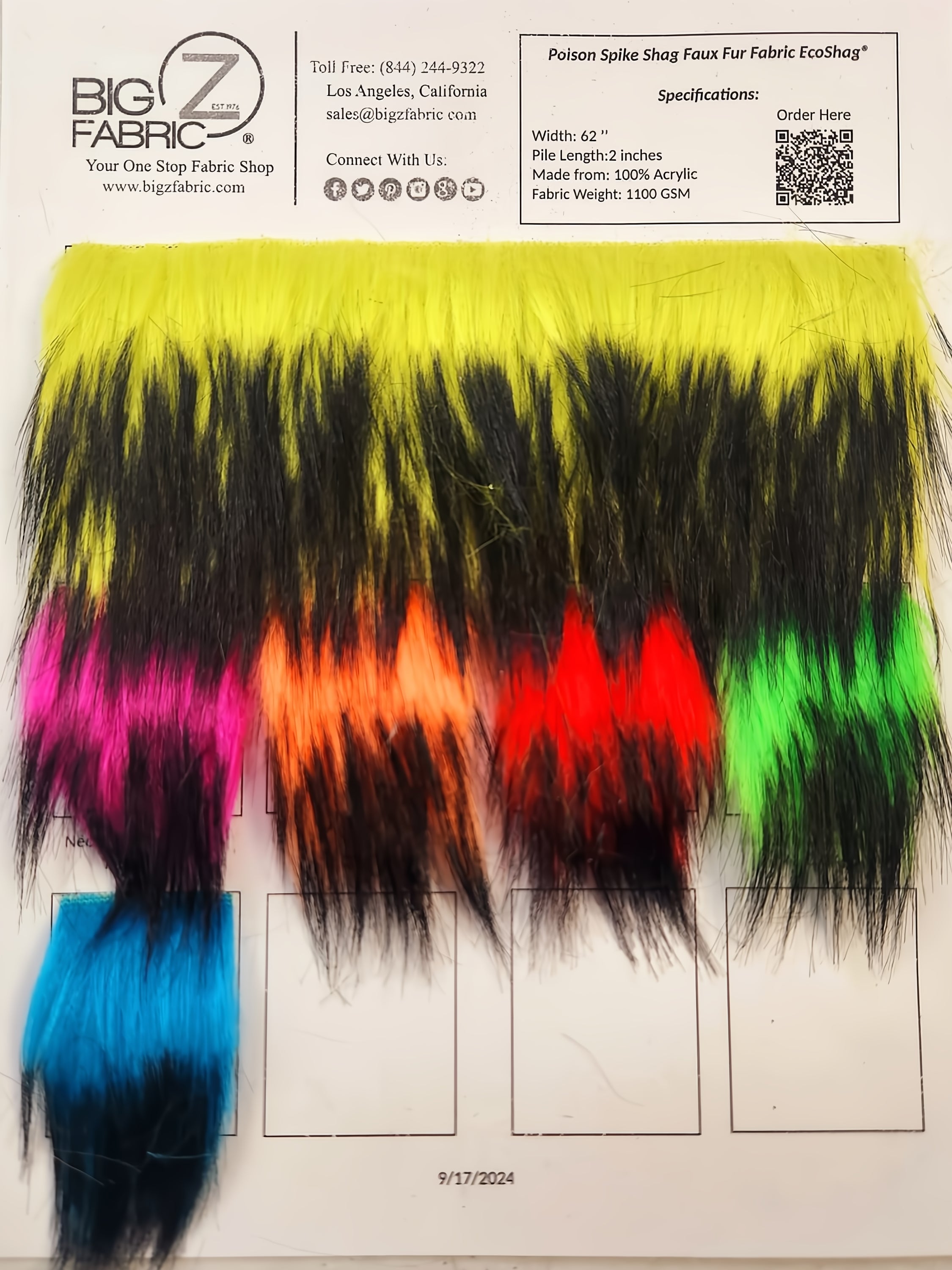 Poison Spike Shag Faux Fur Fabric - Color Card