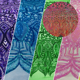 Royalty Damask Iridescent Sequin Stretch Mesh Fabric / Sold by the Yard