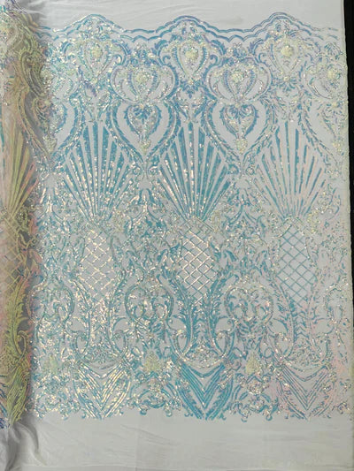 Shell Damask Iridescent Sequin Stretch Mesh Fabric / Sold by the Yard