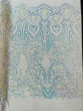 Shell Damask Iridescent Sequin Stretch Mesh Fabric / Sold by the Yard