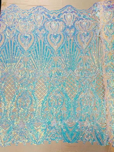 Shell Damask Iridescent Sequin Stretch Mesh Fabric / Sold by the Yard
