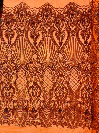 Shell Damask Iridescent Sequin Stretch Mesh Fabric / Sold by the Yard