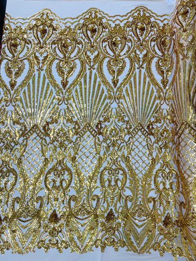 Shell Damask Iridescent Sequin Stretch Mesh Fabric / Sold by the Yard