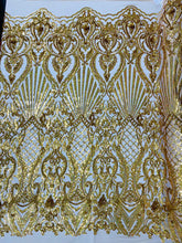 Shell Damask Iridescent Sequin Stretch Mesh Fabric / Sold by the Yard
