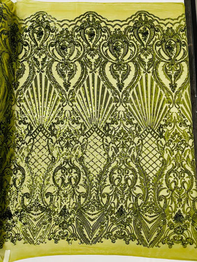 Shell Damask Iridescent Sequin Stretch Mesh Fabric / Sold by the Yard