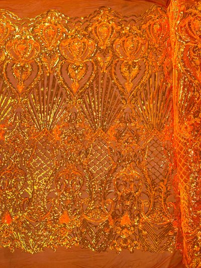 Shell Damask Iridescent Sequin Stretch Mesh Fabric / Sold by the Yard