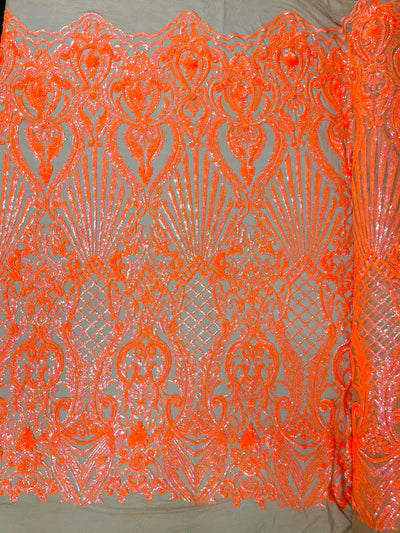 Shell Damask Iridescent Sequin Stretch Mesh Fabric / Sold by the Yard