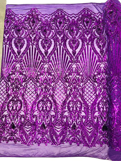 Shell Damask Iridescent Sequin Stretch Mesh Fabric / Sold by the Yard