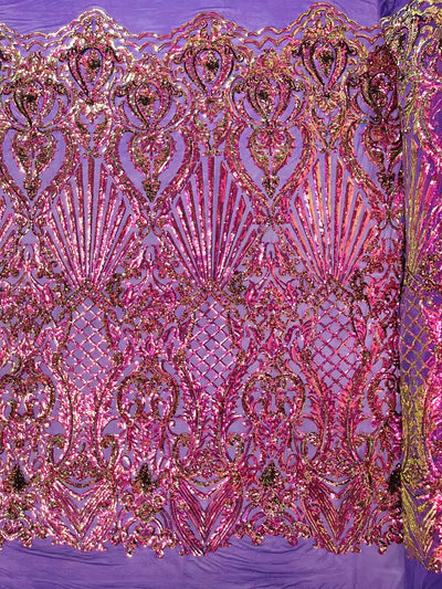 Shell Damask Iridescent Sequin Stretch Mesh Fabric / Sold by the Yard