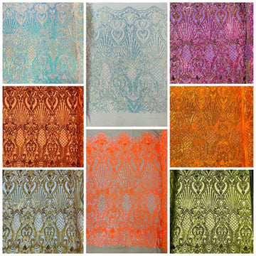 Shell Damask Iridescent Sequin Stretch Mesh Fabric / Sold by the Yard