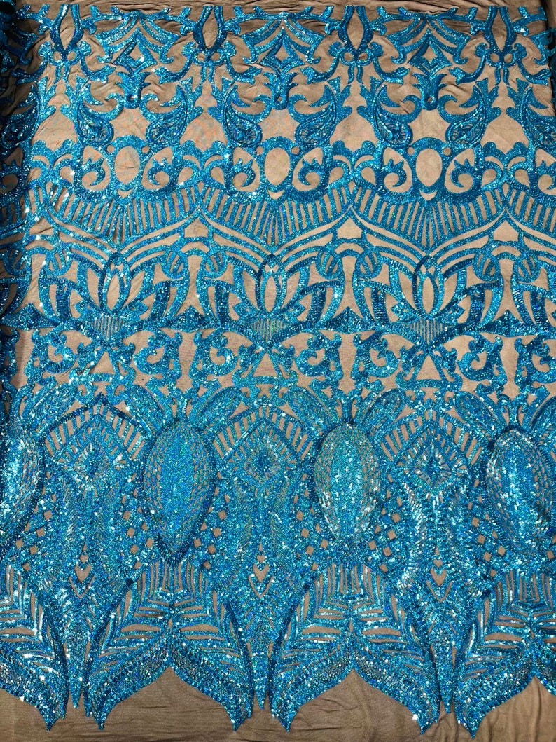 Royalty Damask Iridescent Sequin Stretch Mesh Fabric / Sold by the Yard