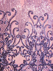 Vegas Damask Sequins Stretch Power Mesh Fabric / Lavender / Sold By The Yard