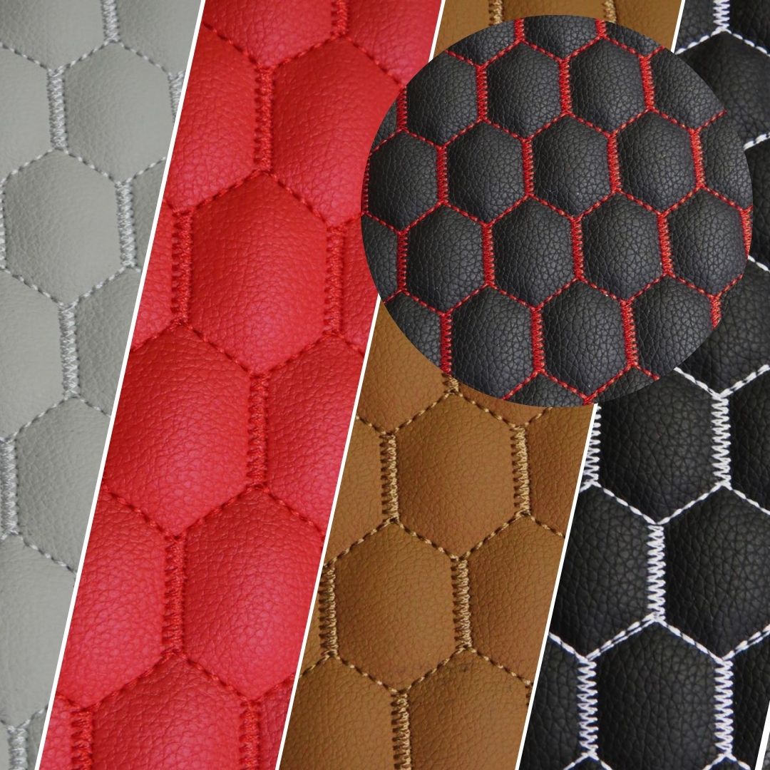 Hex Honeycomb Quilt Automotive Vinyl Foam Fabric / Black with White Thread