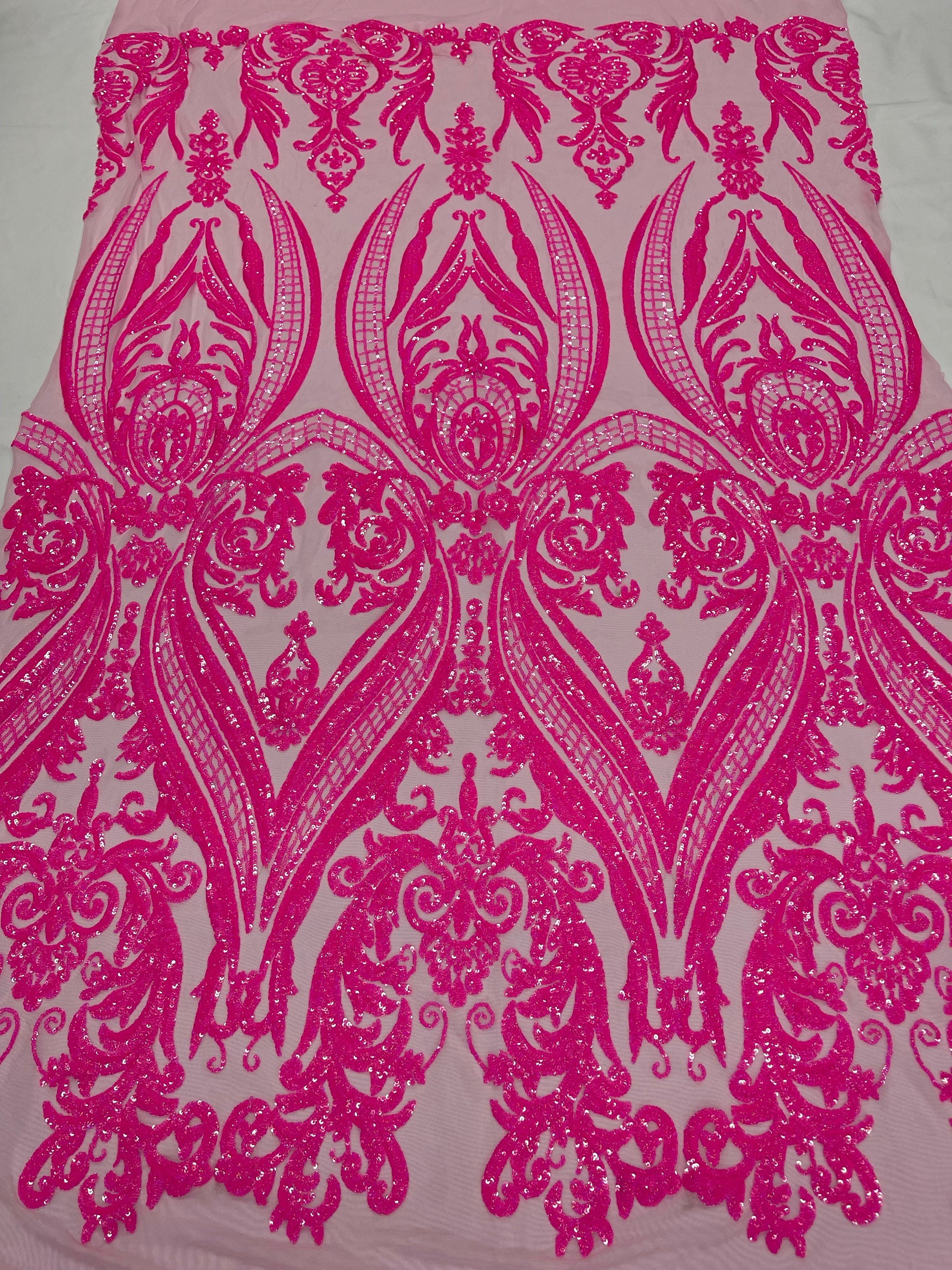 BIG DAMASK SEQUIN ON STRETCH MESH FABRIC (By The Yard)