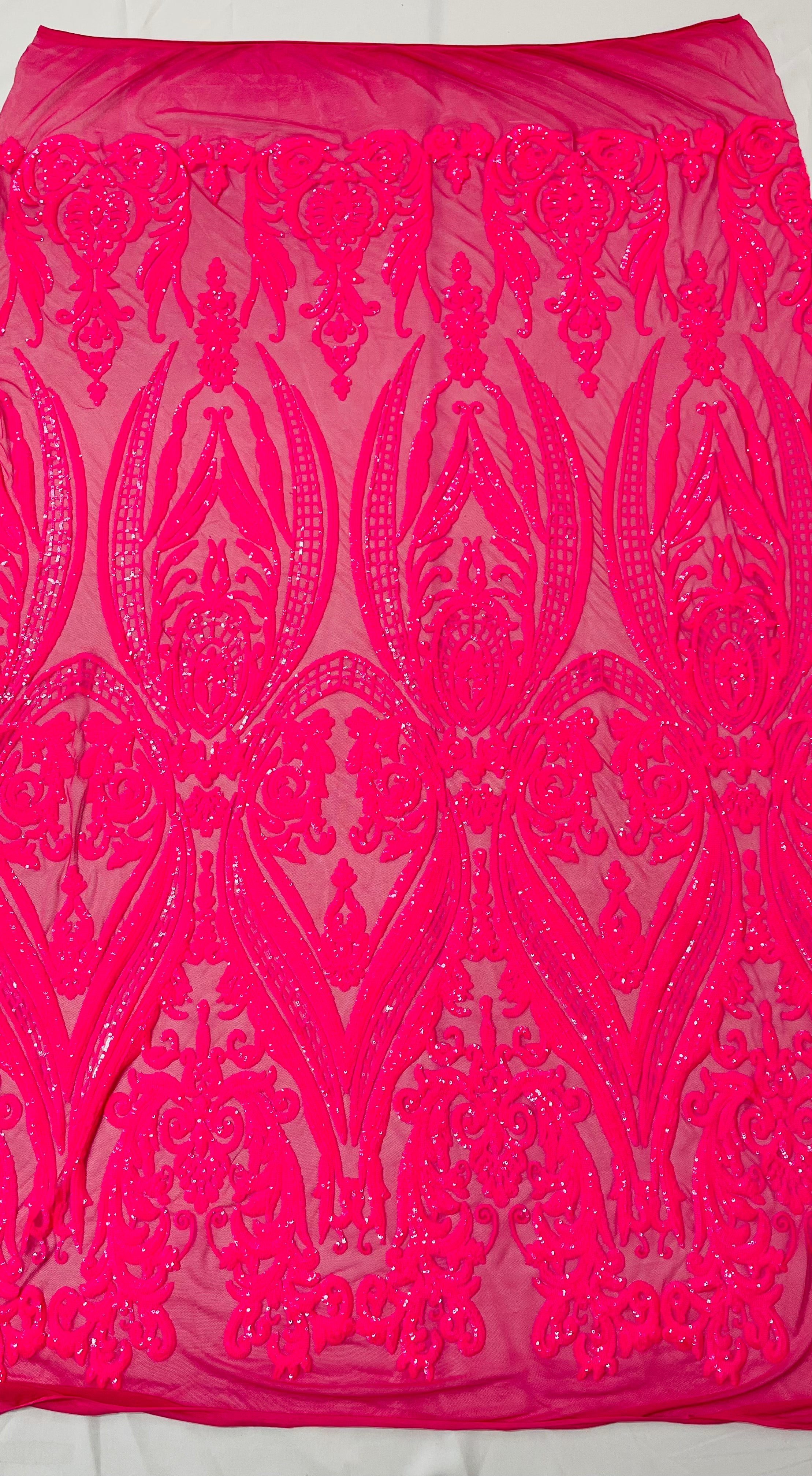 BIG DAMASK SEQUIN ON STRETCH MESH FABRIC (By The Yard)