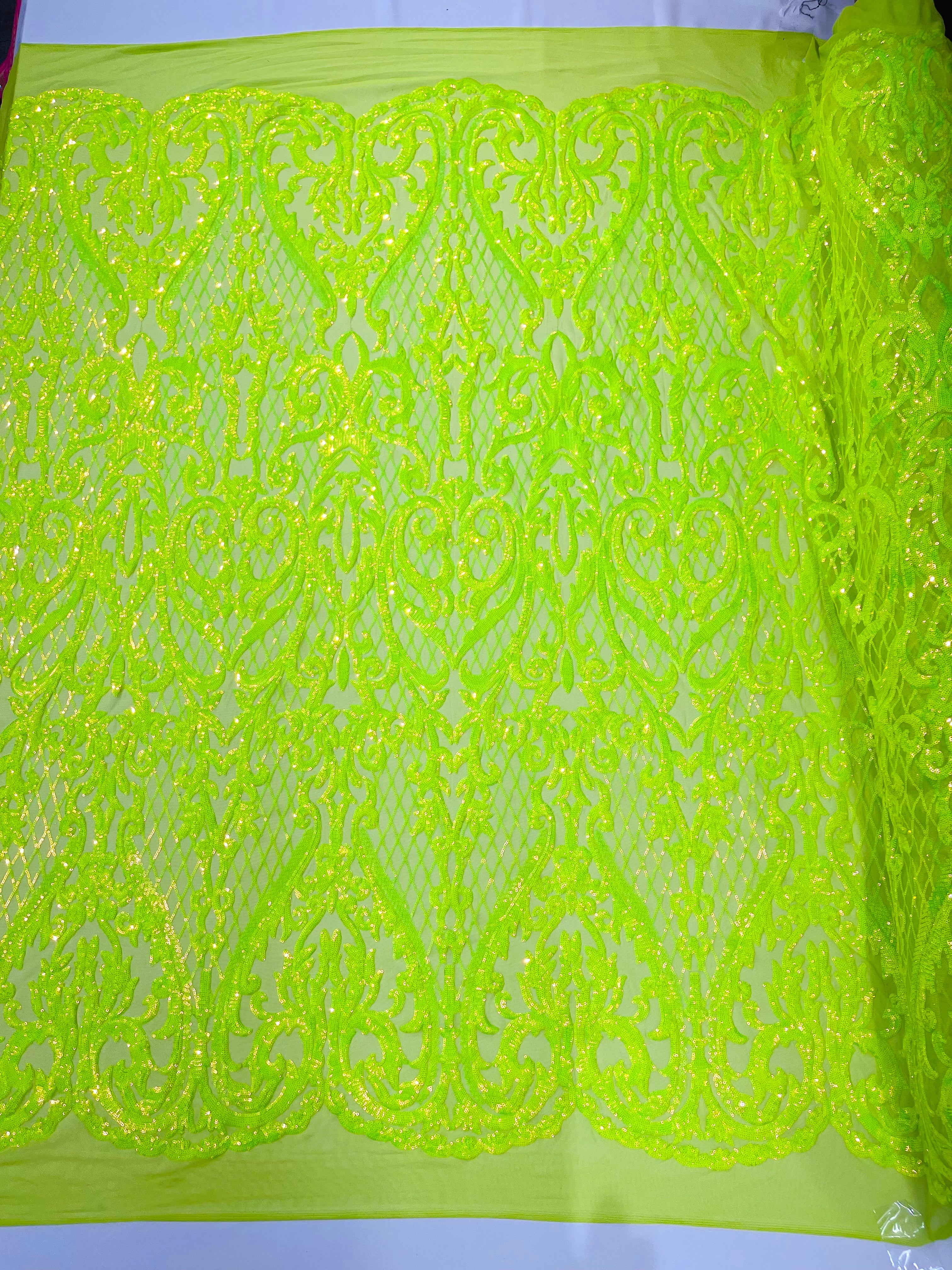 Heart Damask Iridescent Sequin Stretch Mesh Fabric / Sold by the Yard