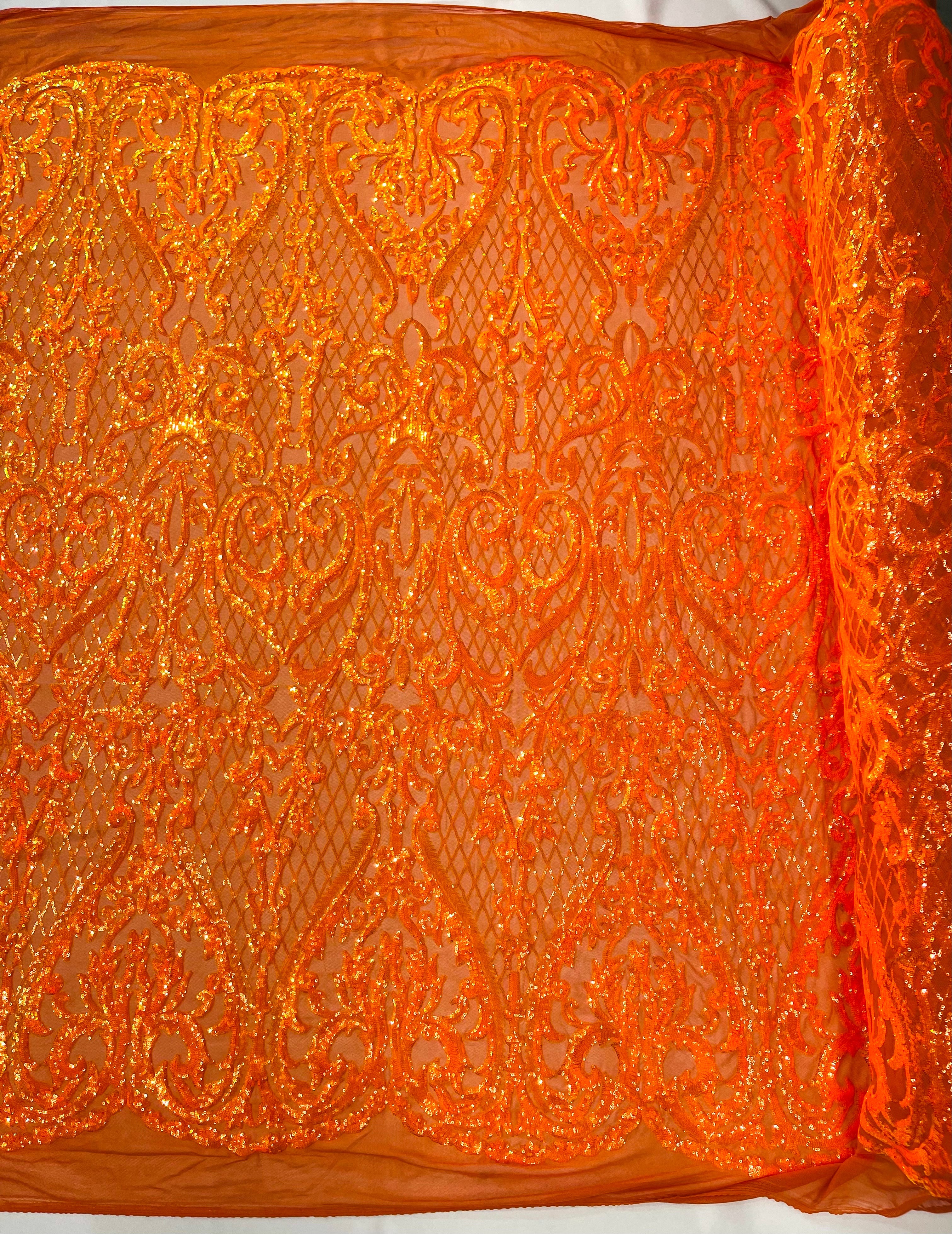 Heart Damask Iridescent Sequin Stretch Mesh Fabric / Sold by the Yard