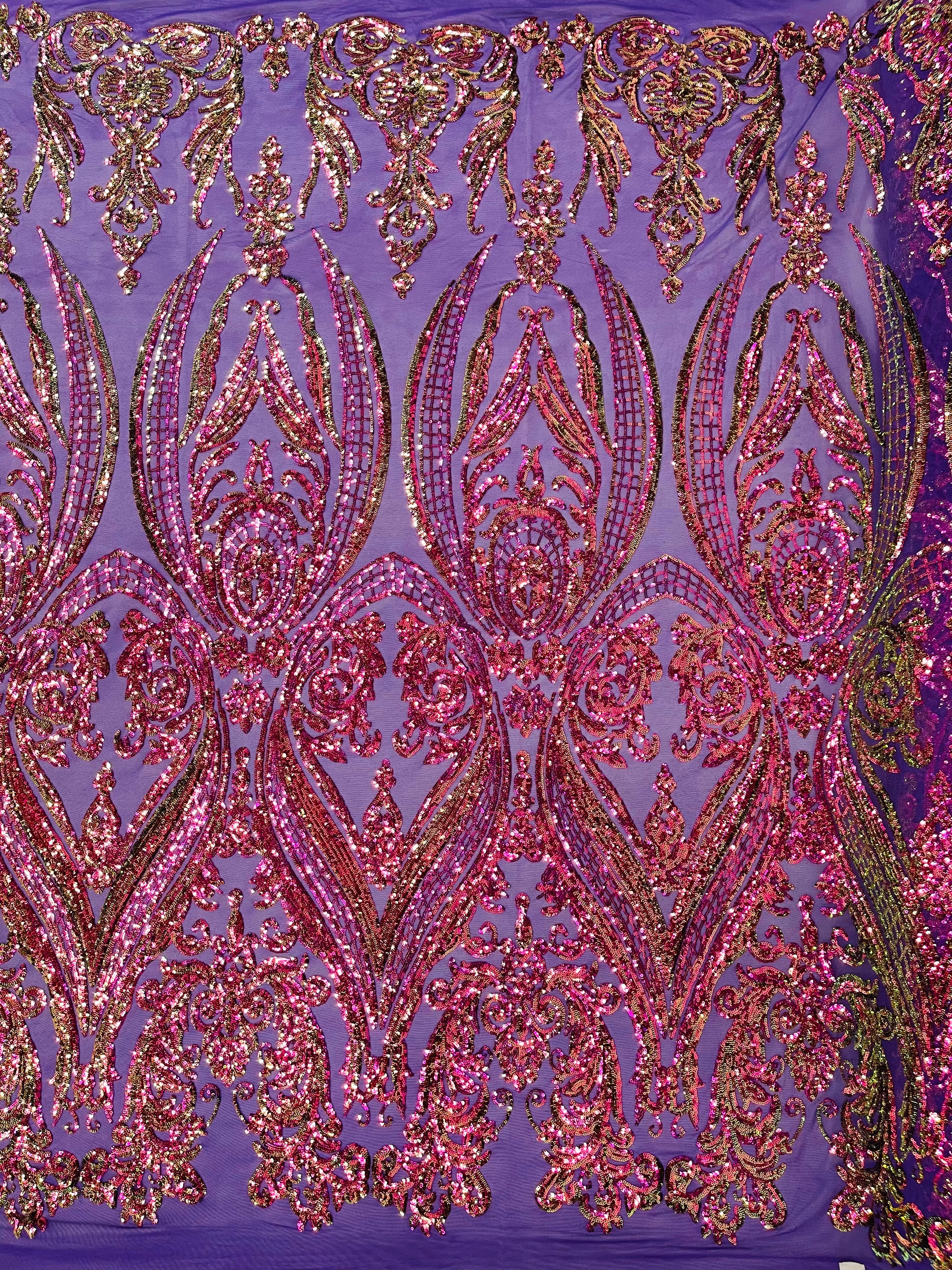 BIG DAMASK SEQUIN ON STRETCH MESH FABRIC (By The Yard)