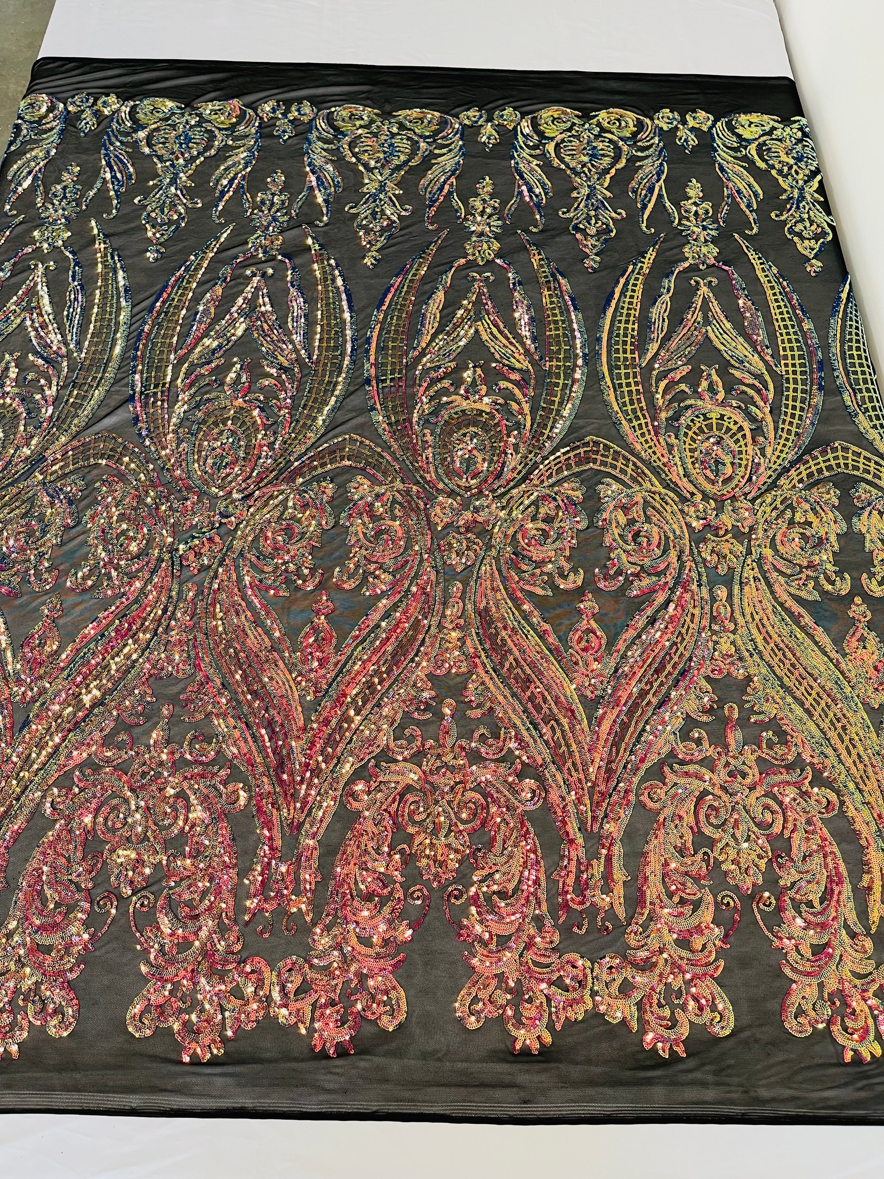 BIG DAMASK SEQUIN ON STRETCH MESH FABRIC (By The Yard)