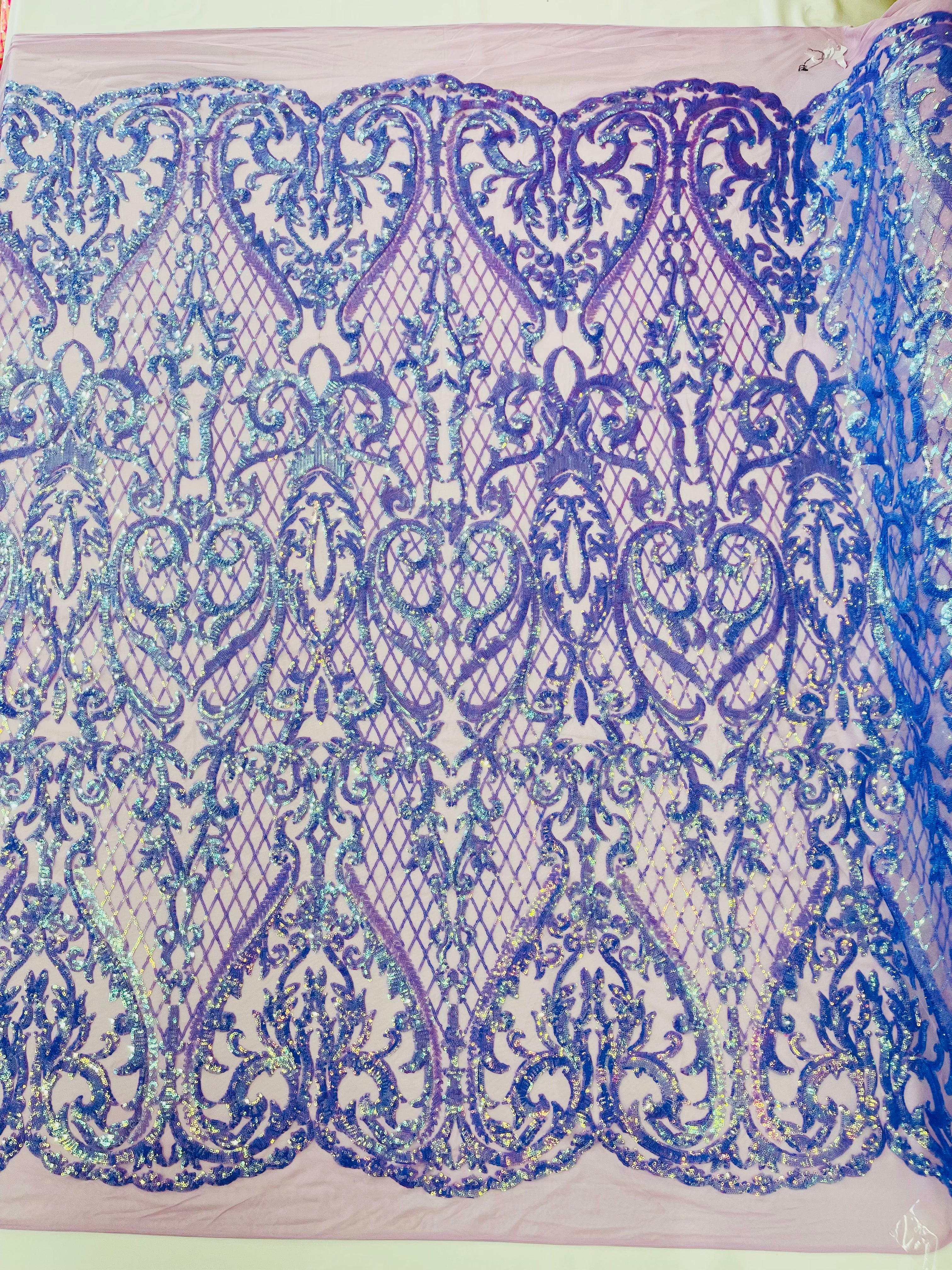Heart Damask Iridescent Sequin Stretch Mesh Fabric / Sold by the Yard