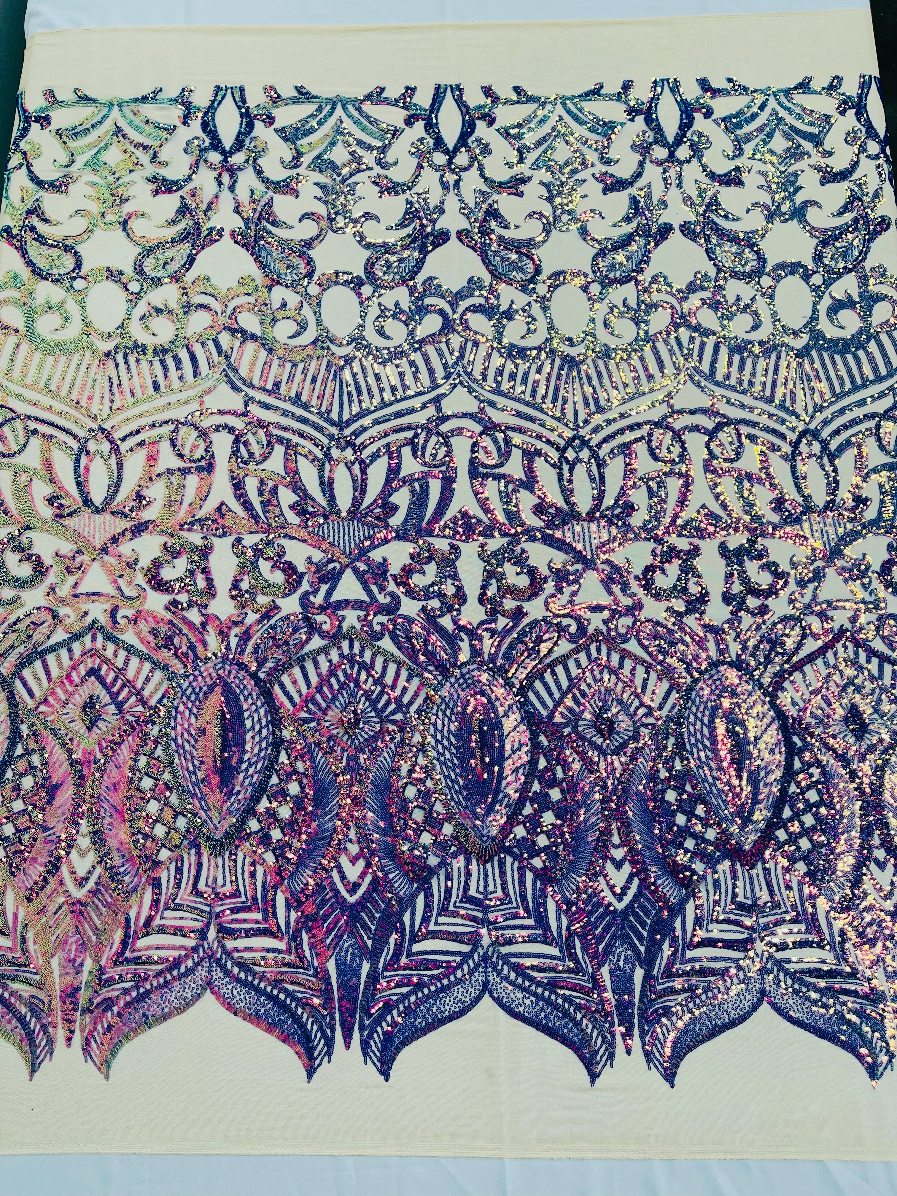 Royalty Damask Iridescent Sequin Stretch Mesh Fabric / Sold by the Yard