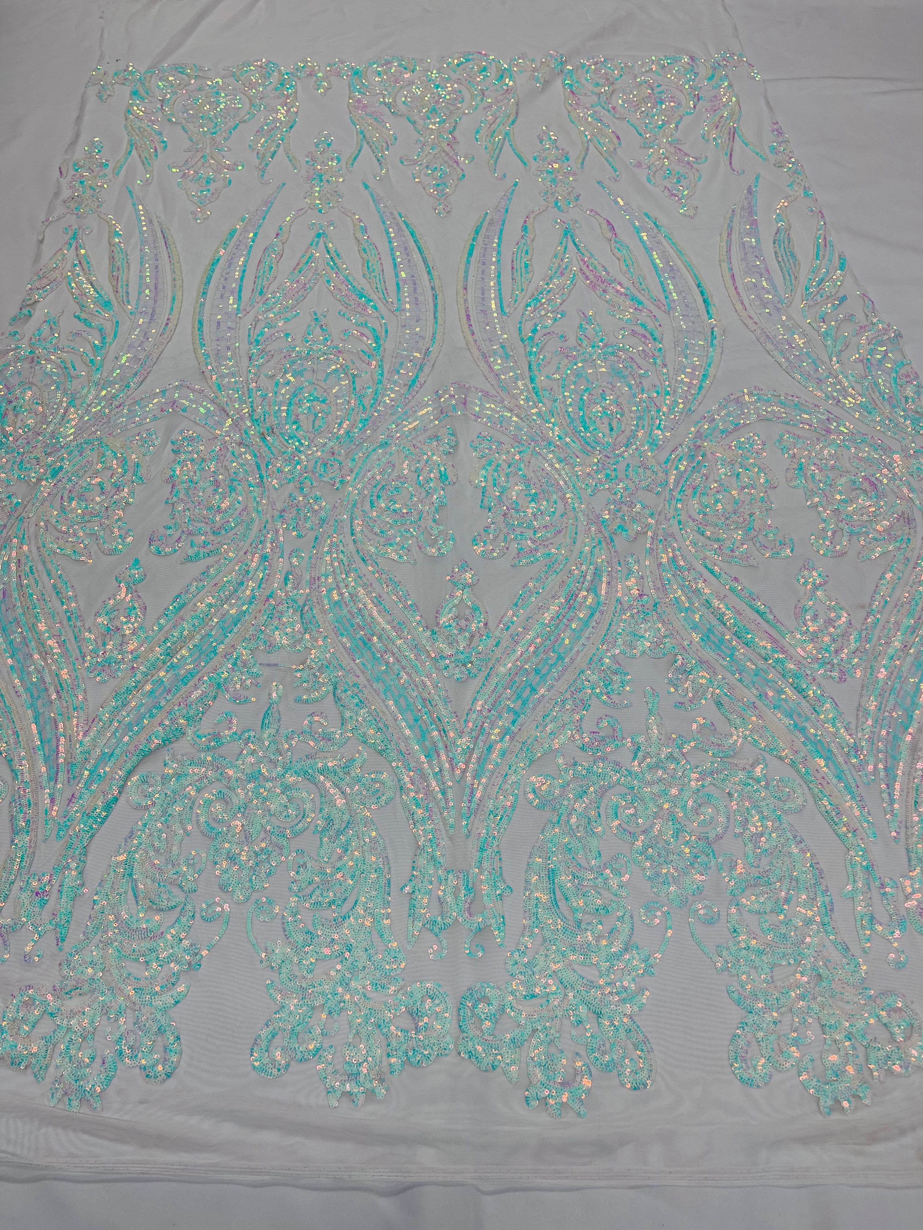 BIG DAMASK SEQUIN ON STRETCH MESH FABRIC (By The Yard)