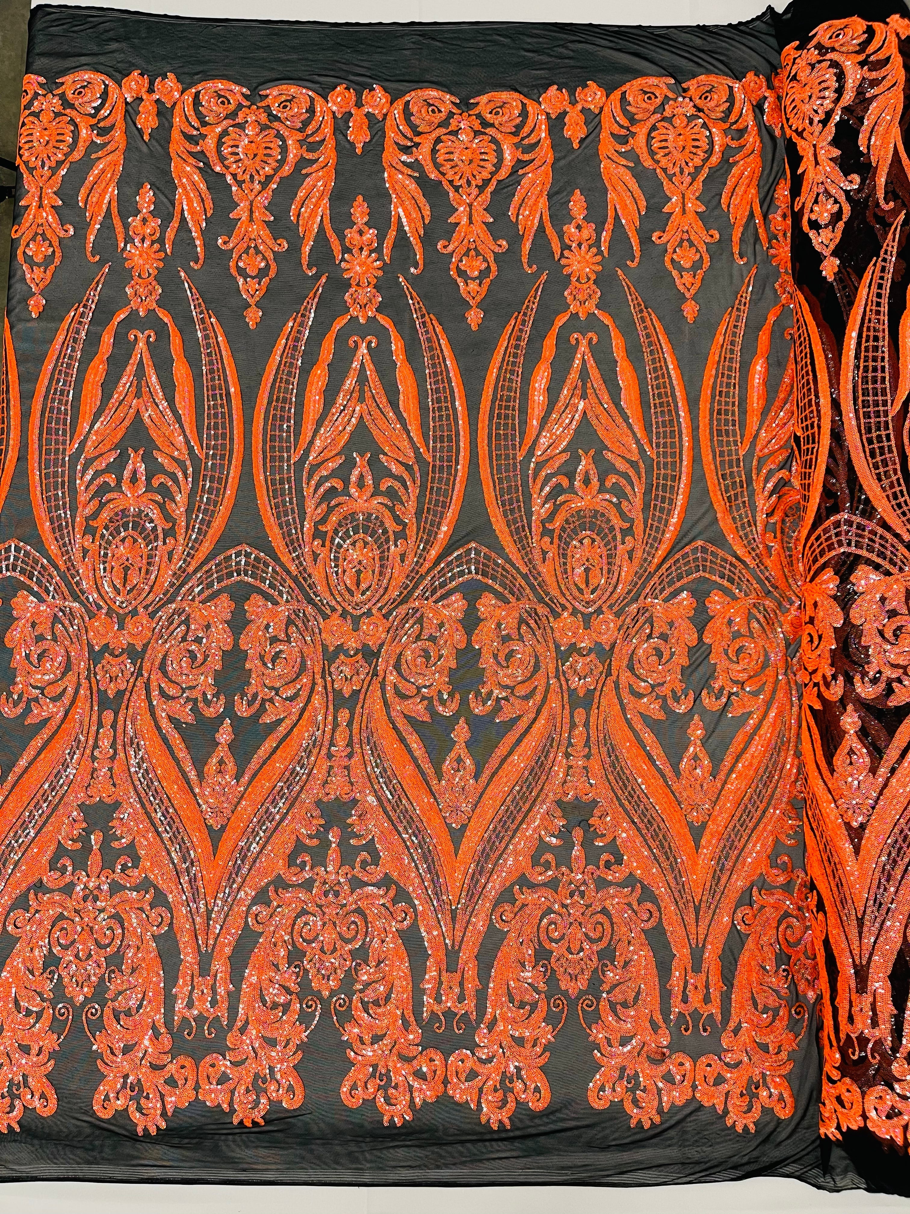 BIG DAMASK SEQUIN ON STRETCH MESH FABRIC (By The Yard)