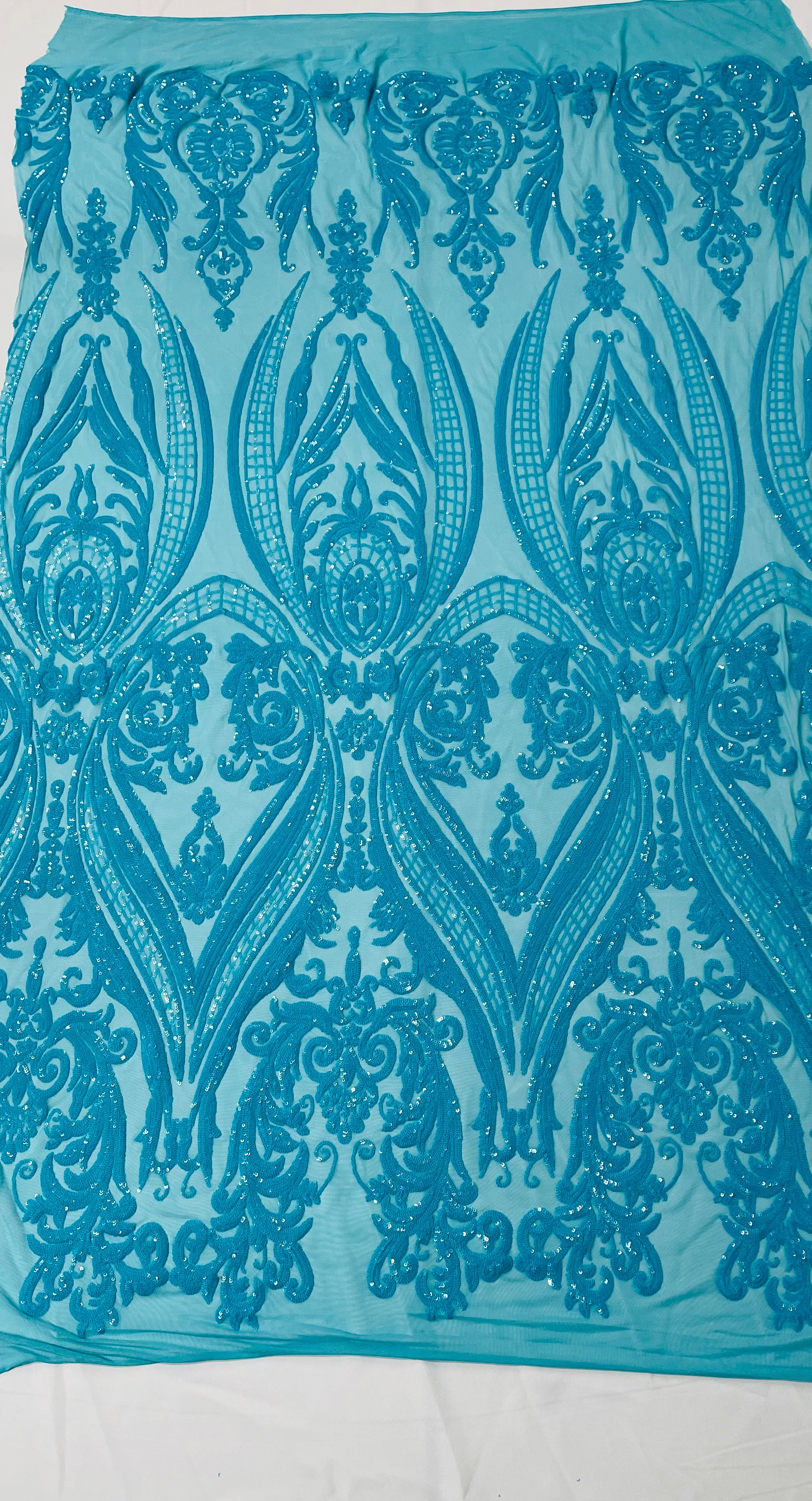 BIG DAMASK SEQUIN ON STRETCH MESH FABRIC (By The Yard)