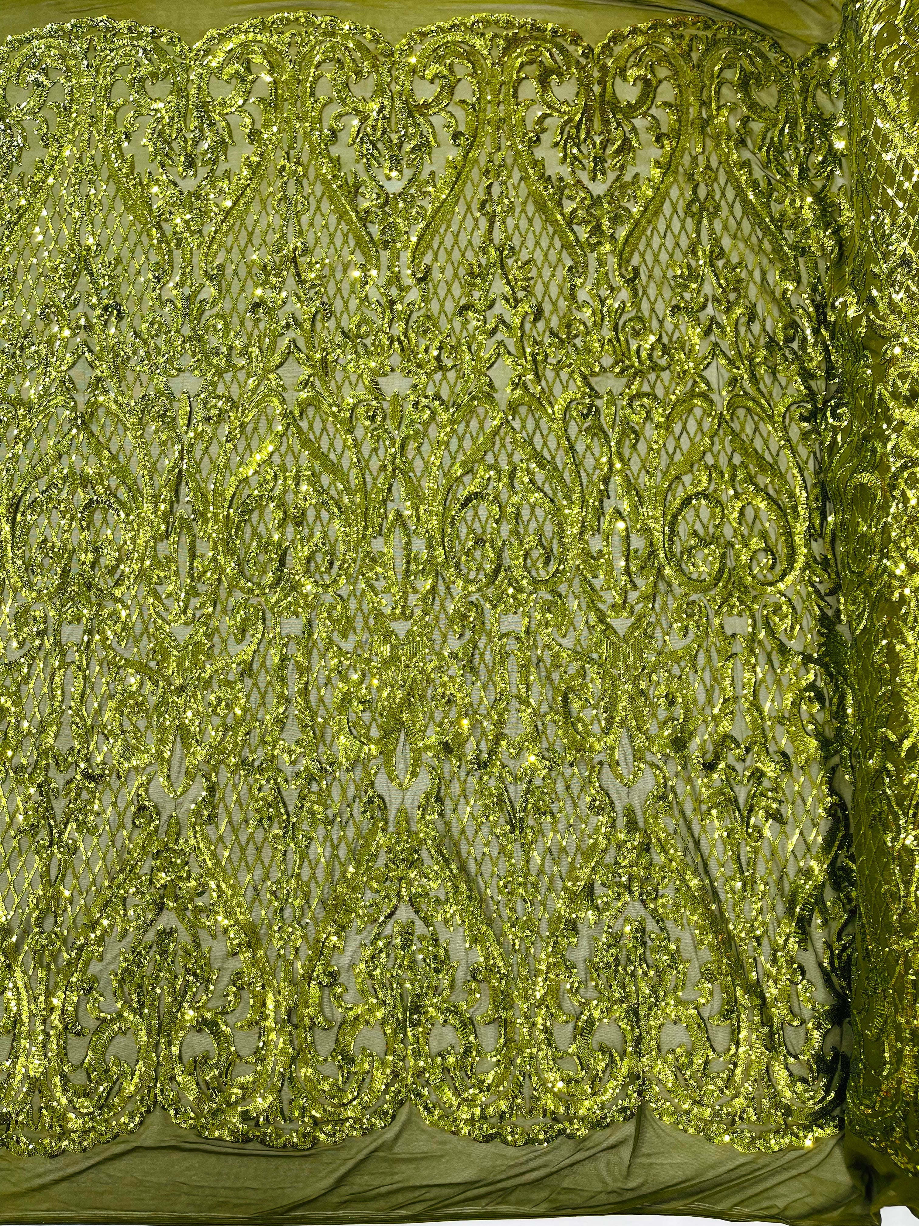 Heart Damask Iridescent Sequin Stretch Mesh Fabric / Sold by the Yard