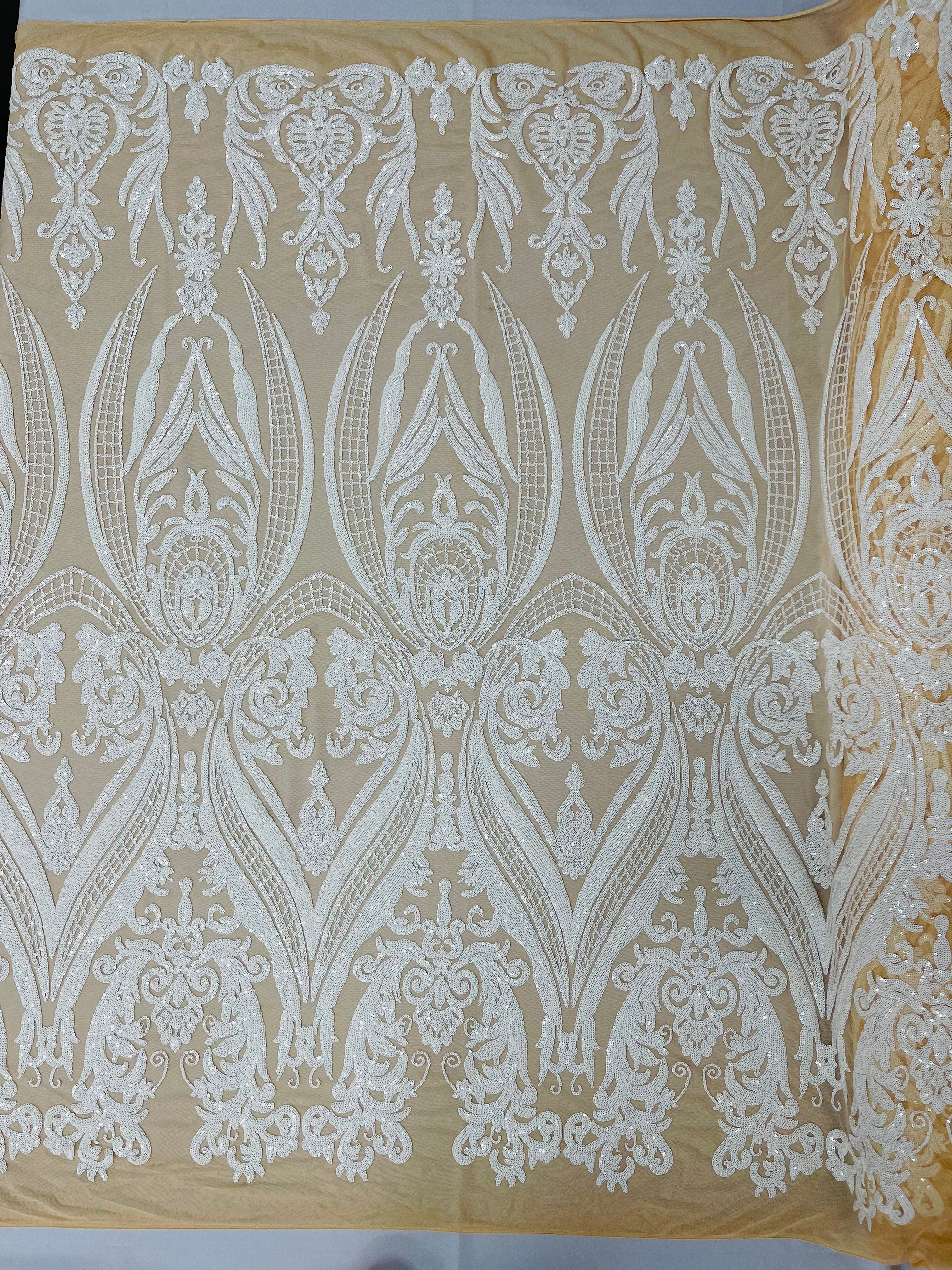 BIG DAMASK SEQUIN ON STRETCH MESH FABRIC (By The Yard)