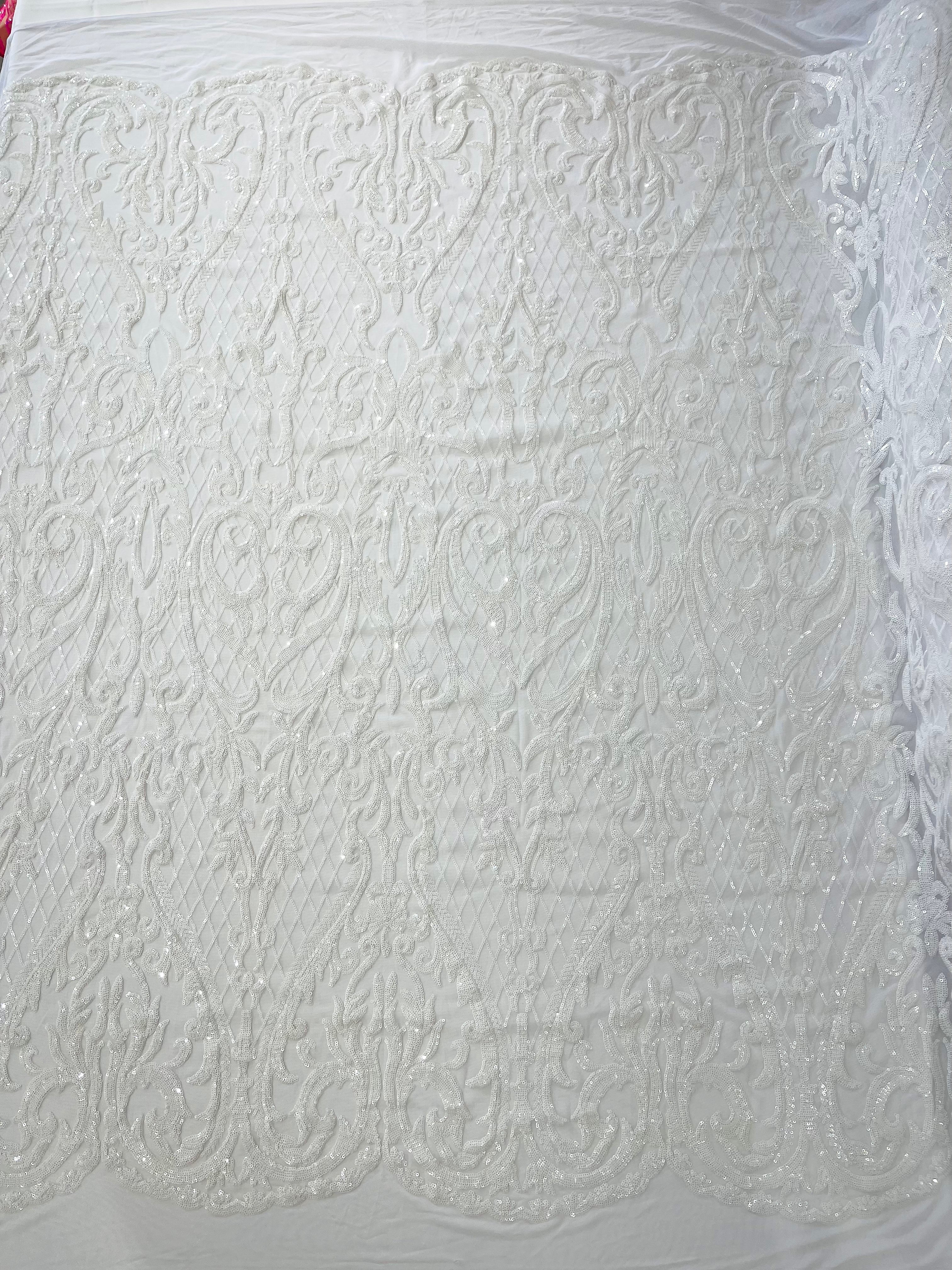 Heart Damask Iridescent Sequin Stretch Mesh Fabric / Sold by the Yard