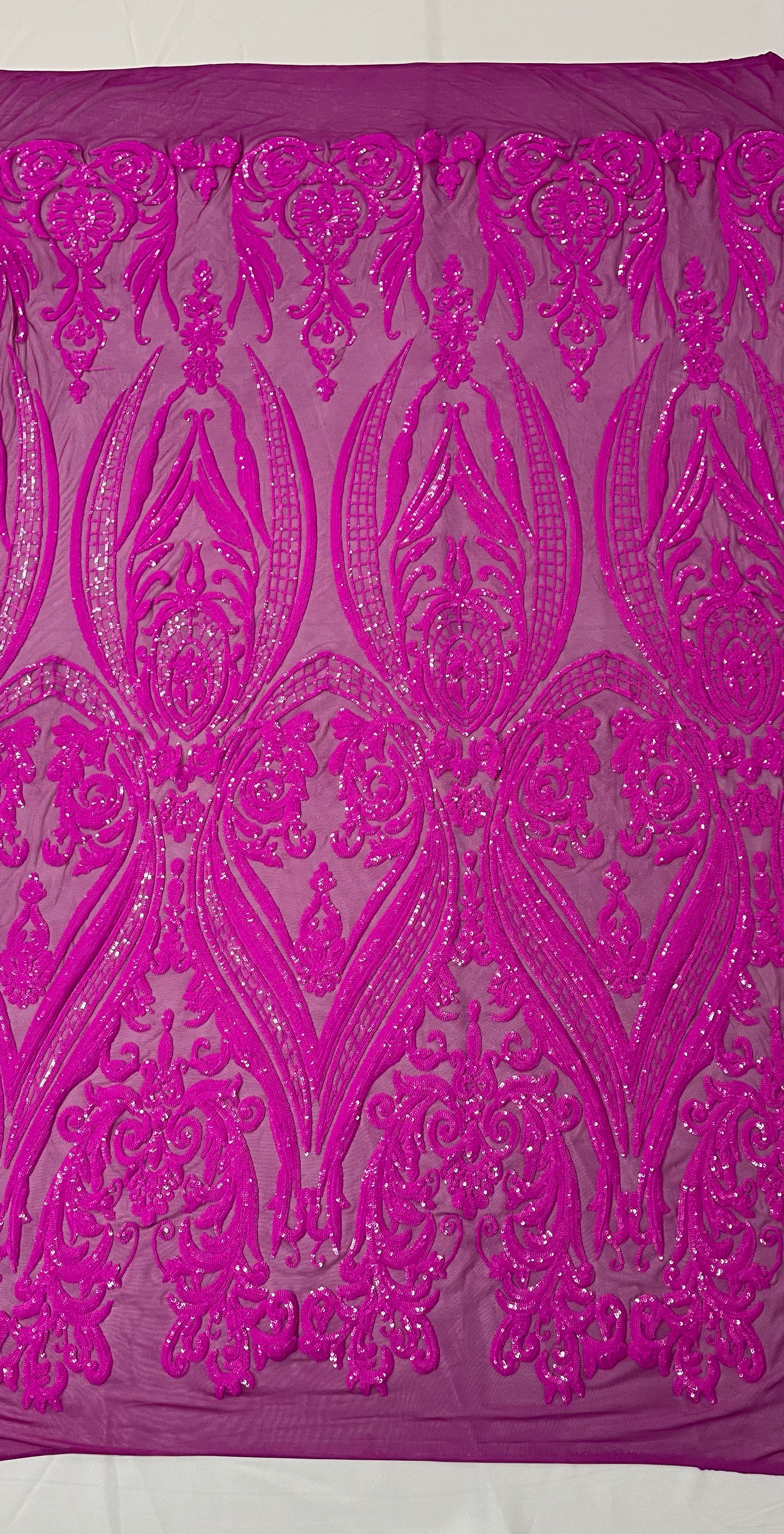 BIG DAMASK SEQUIN ON STRETCH MESH FABRIC (By The Yard)