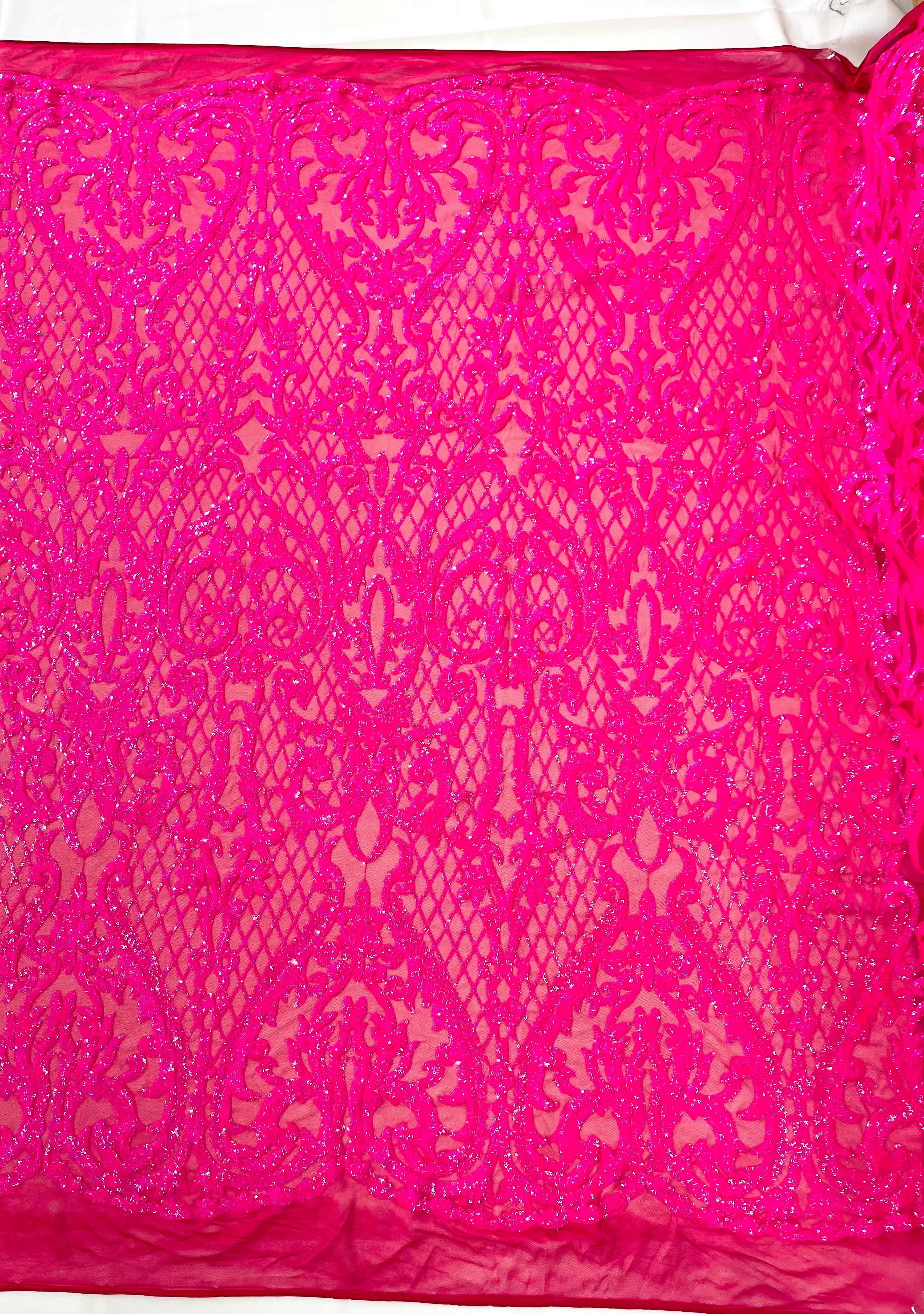 Heart Damask Iridescent Sequin Stretch Mesh Fabric / Sold by the Yard