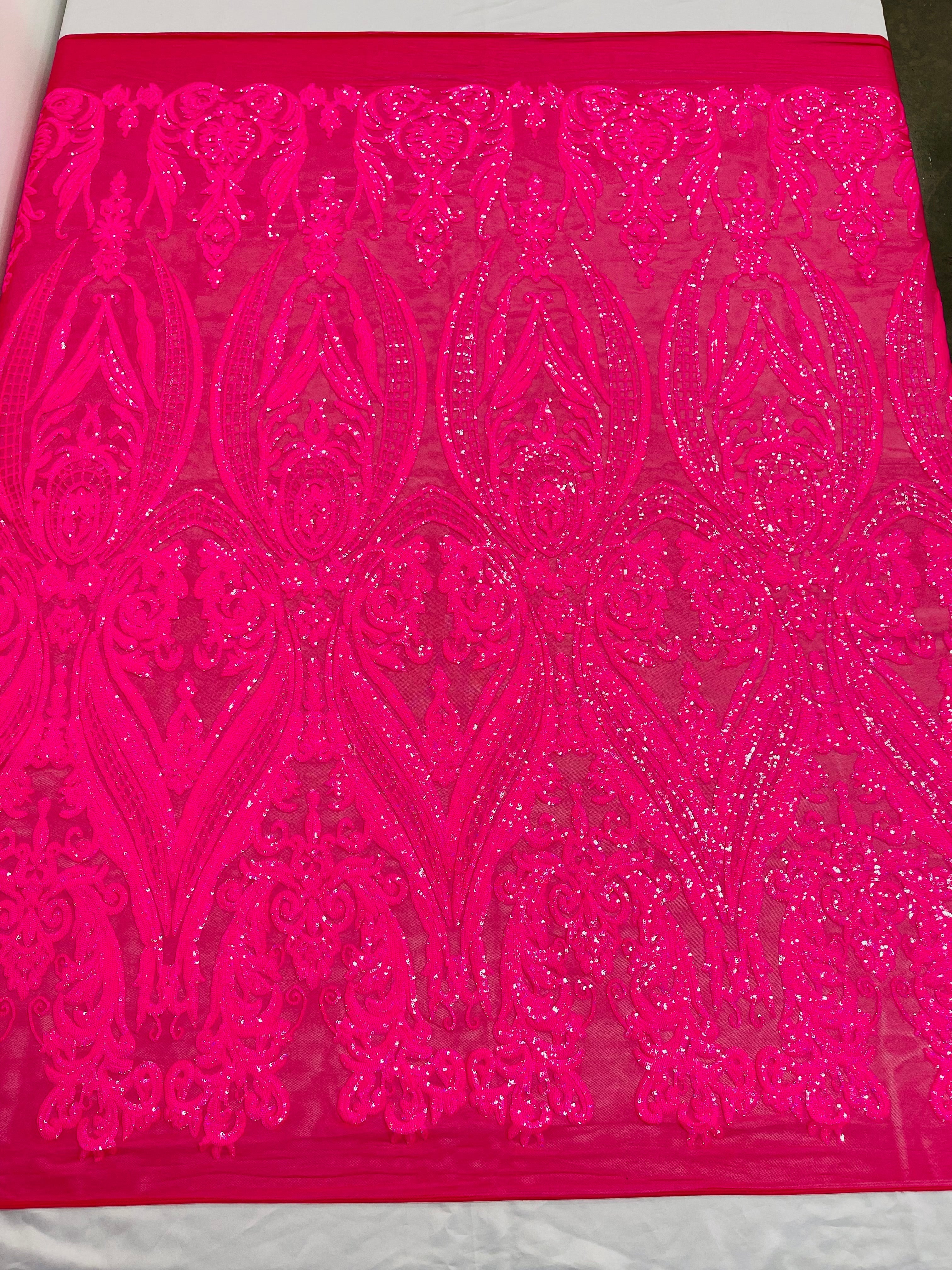 BIG DAMASK SEQUIN ON STRETCH MESH FABRIC (By The Yard)