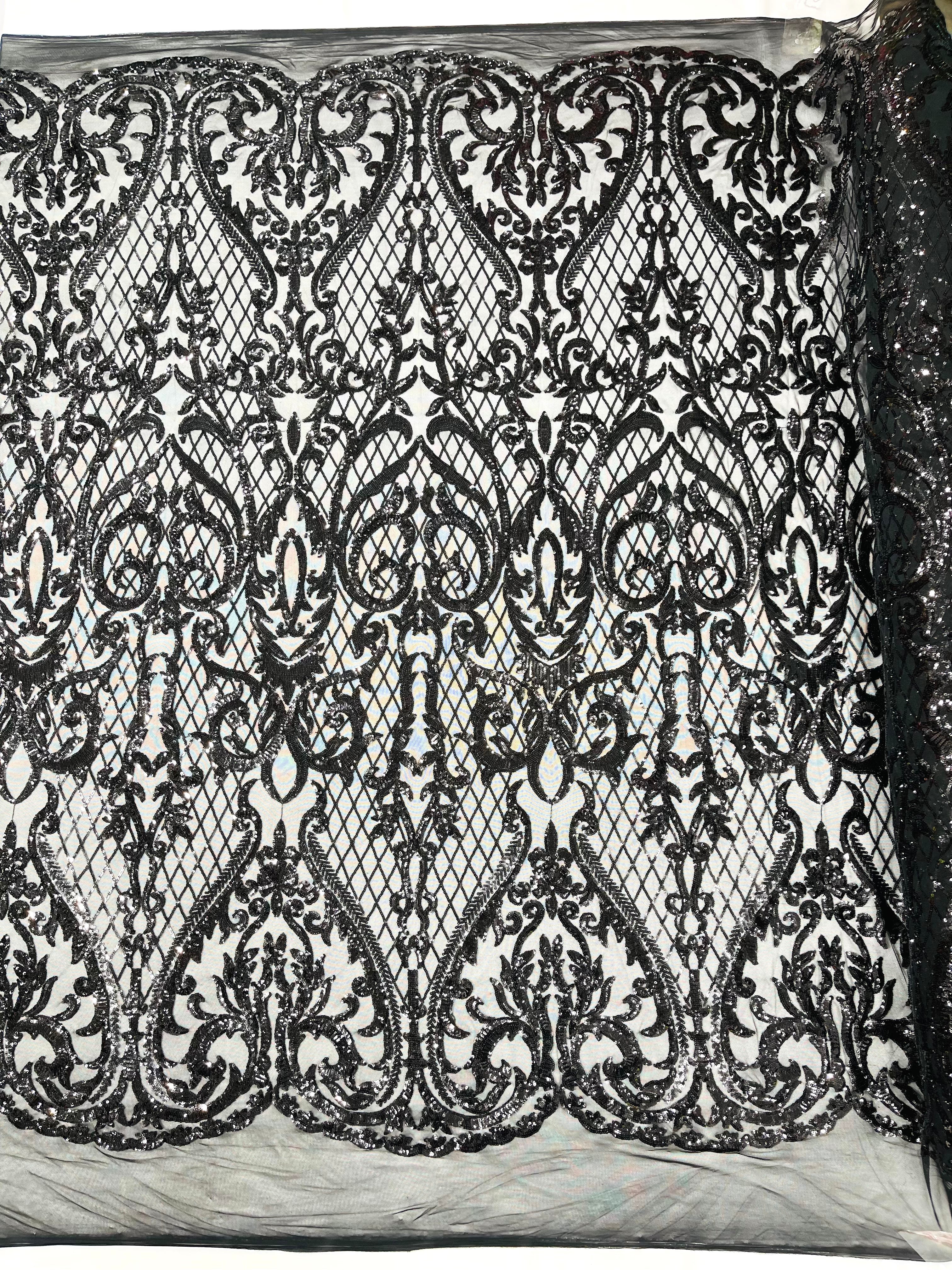 Heart Damask Iridescent Sequin Stretch Mesh Fabric / Sold by the Yard