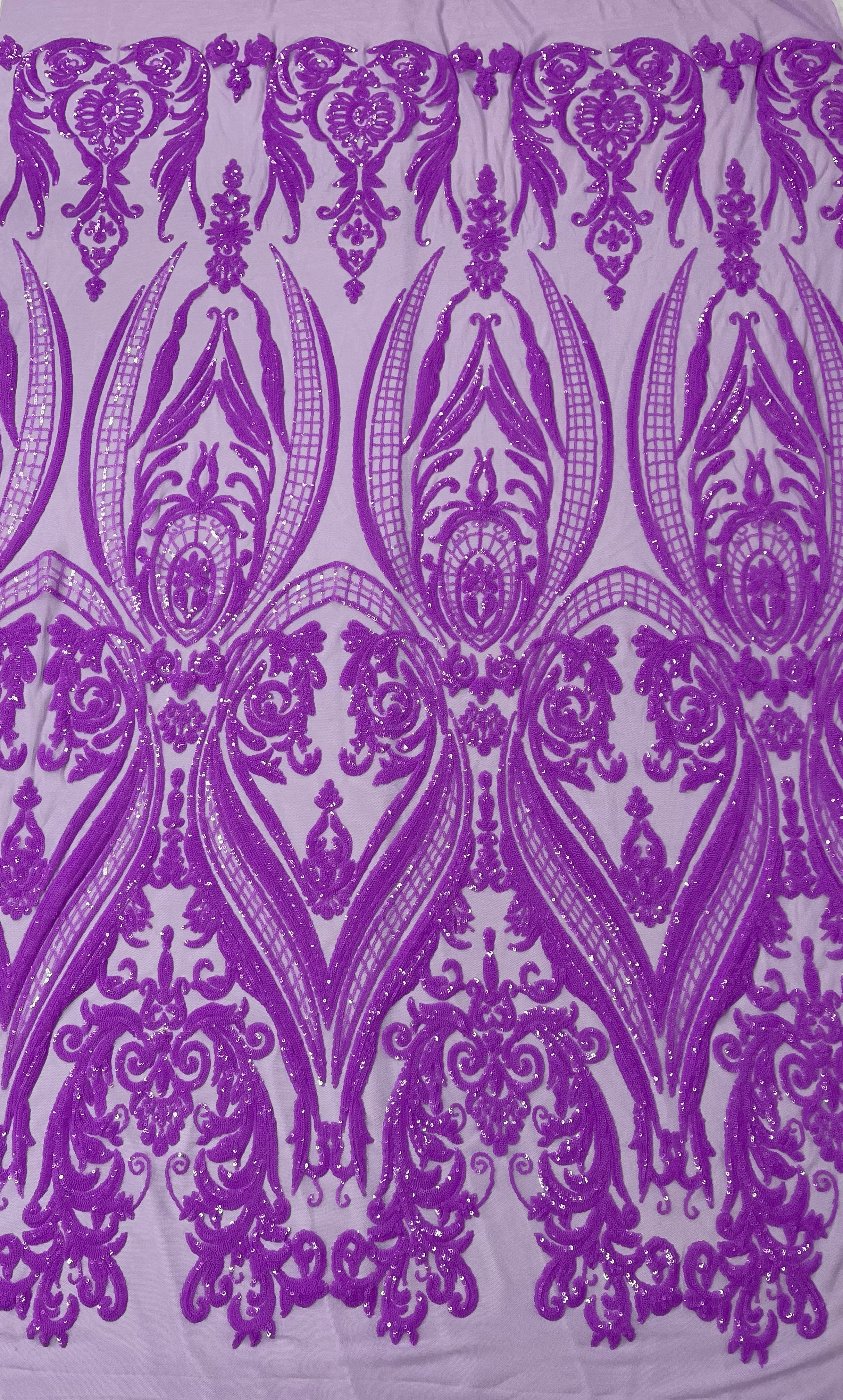 BIG DAMASK SEQUIN ON STRETCH MESH FABRIC (By The Yard)