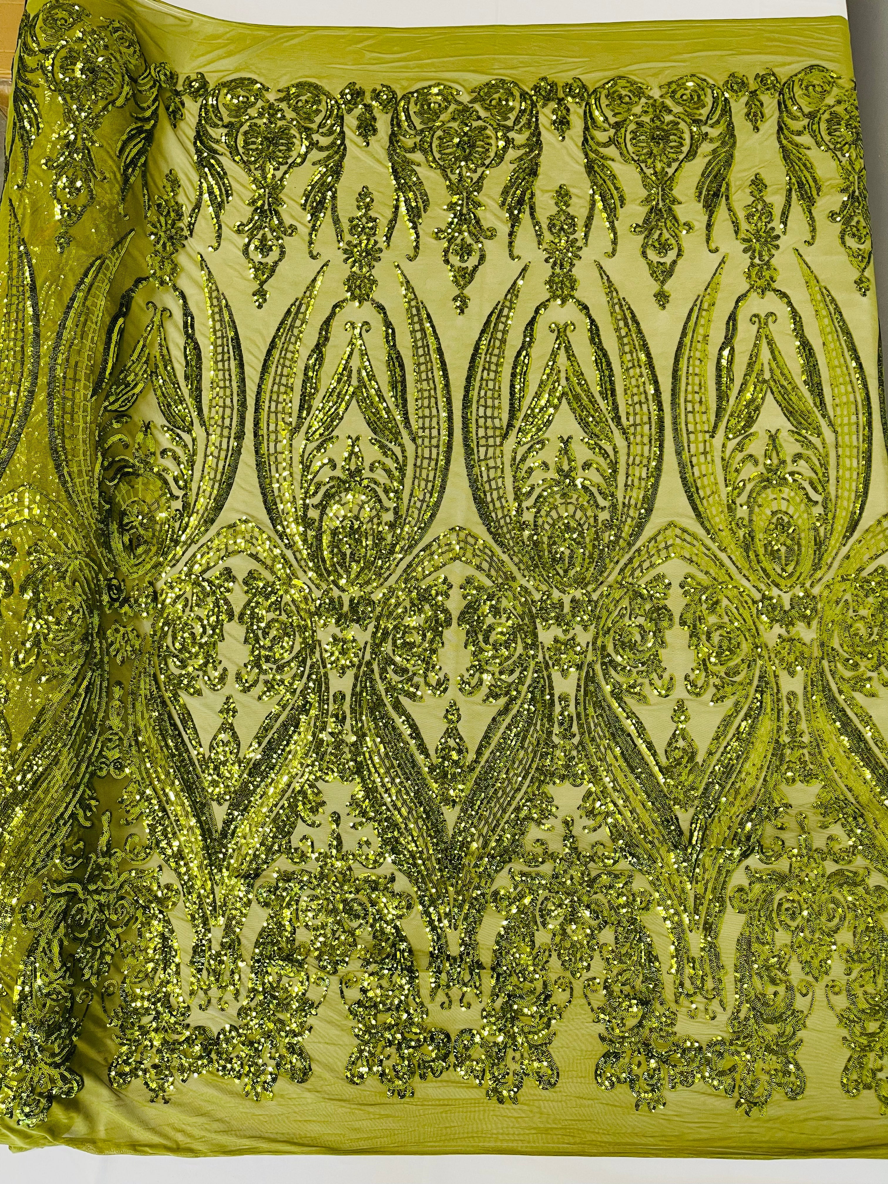BIG DAMASK SEQUIN ON STRETCH MESH FABRIC (By The Yard)