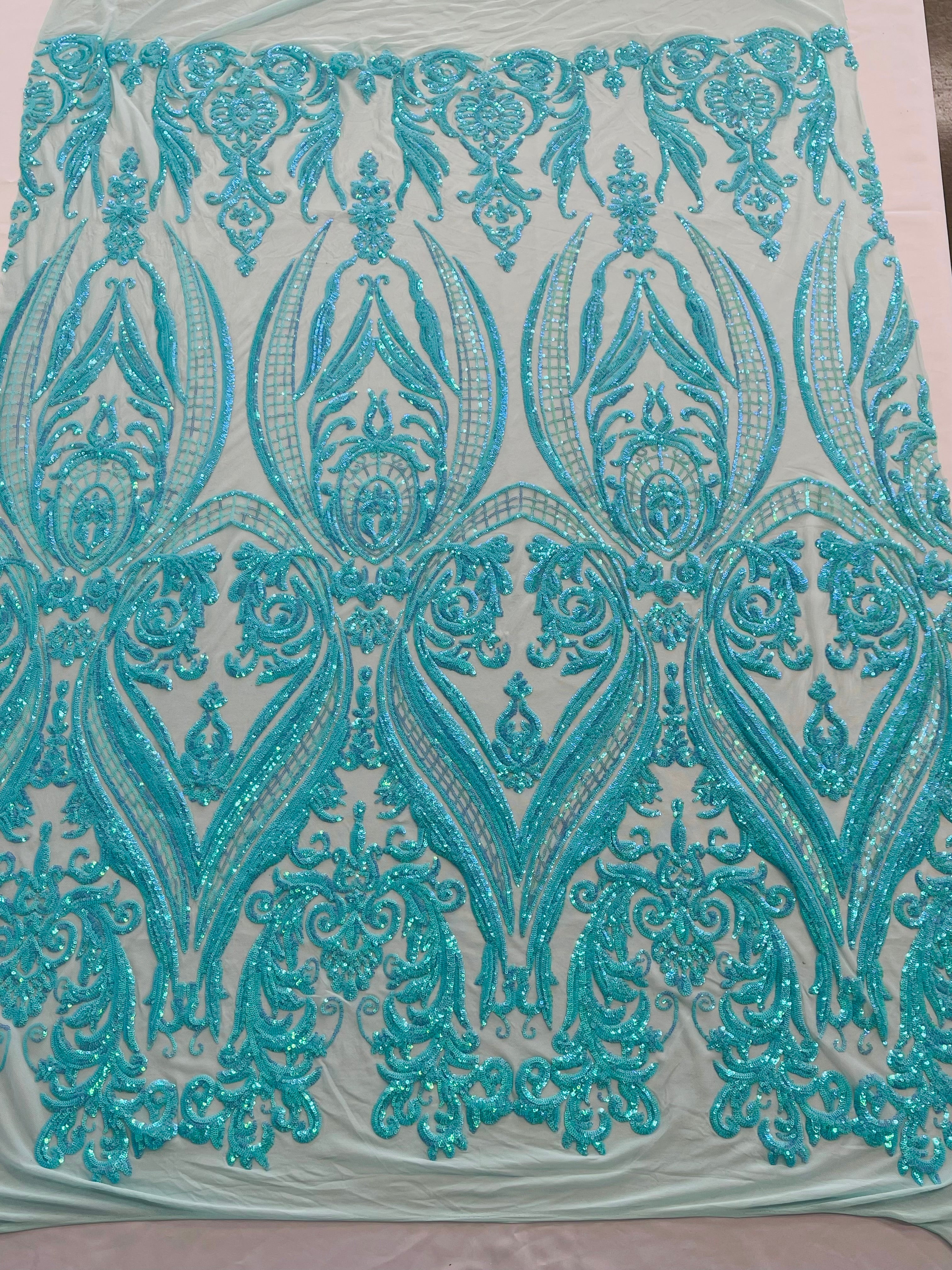 BIG DAMASK SEQUIN ON STRETCH MESH FABRIC (By The Yard)