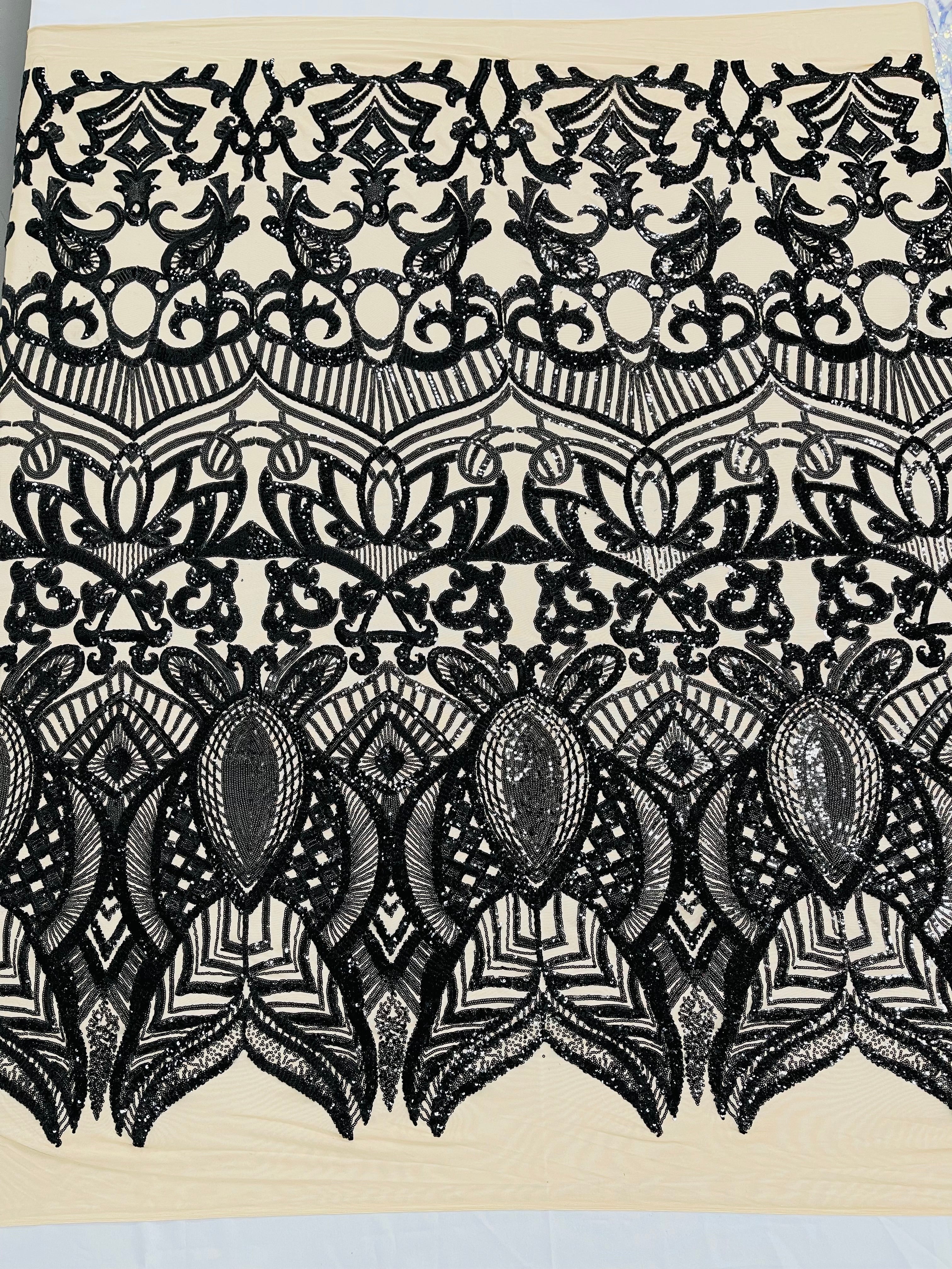 Royalty Damask Iridescent Sequin Stretch Mesh Fabric / Sold by the Yard