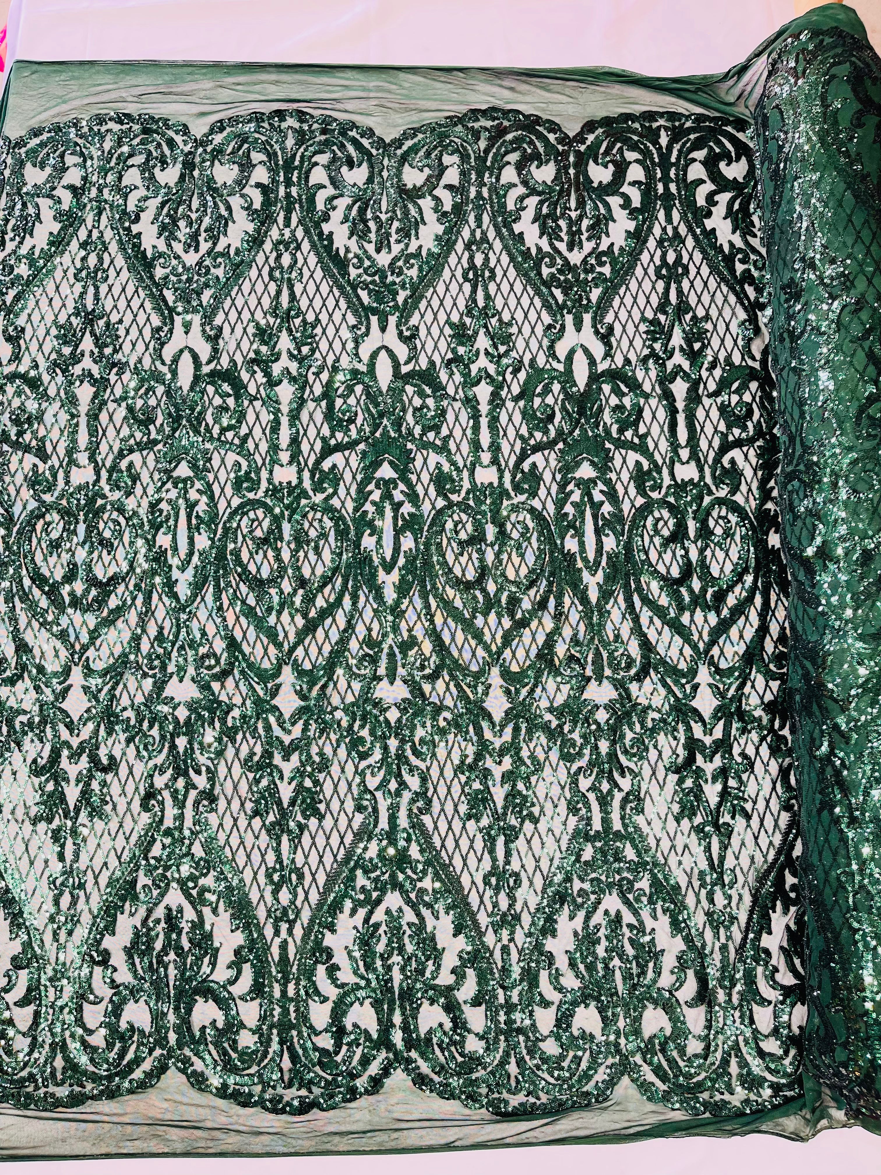 Heart Damask Iridescent Sequin Stretch Mesh Fabric / Sold by the Yard